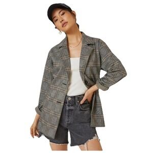 ANTHROPOLOGIE Avec Les Filles‎ Gray Brown Longline Plaid Blazer MEDIUM 80103